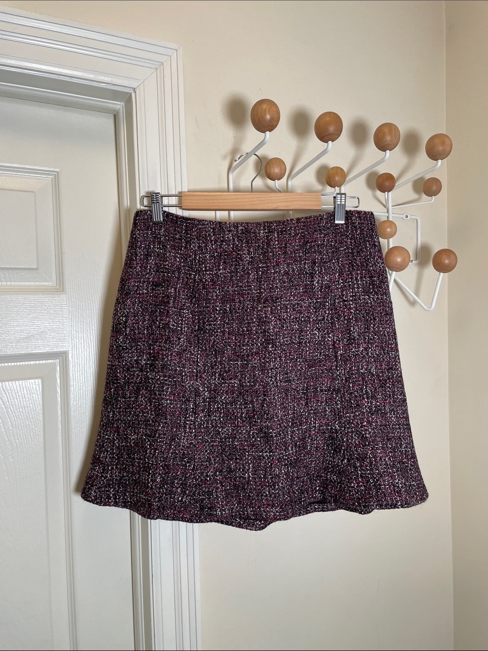 Club Monaco Wool Blend Tweed A-Line Skirt - Maroon / White - 12
